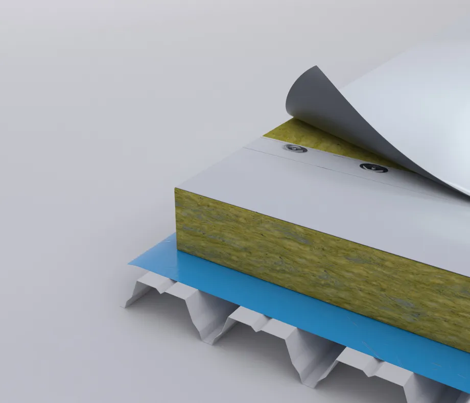Cosmofin Verlegung: Mechanisch befestigt auf Stahltrapezprofil.