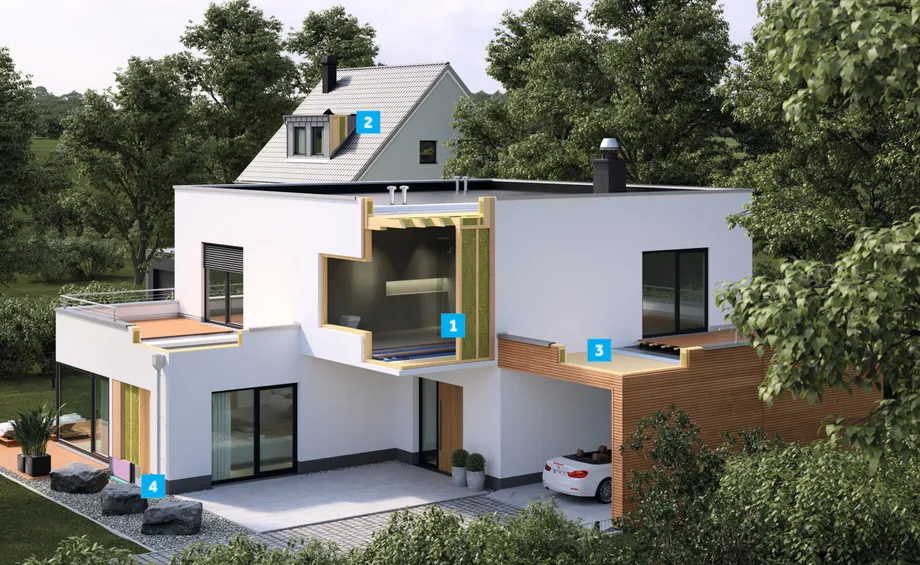Anwendungsbereiche der Wolfin Bahnen veranschaulicht an einem 3D Haus in Holzbauweise.