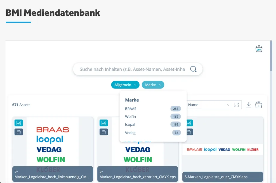 Ansicht Auswahl eines Bildes in der Mediandatenbank
