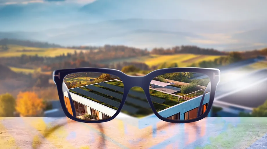 Brille auf einem Flachdach, die eine Vergrößerungeines Flachdaches zeigt