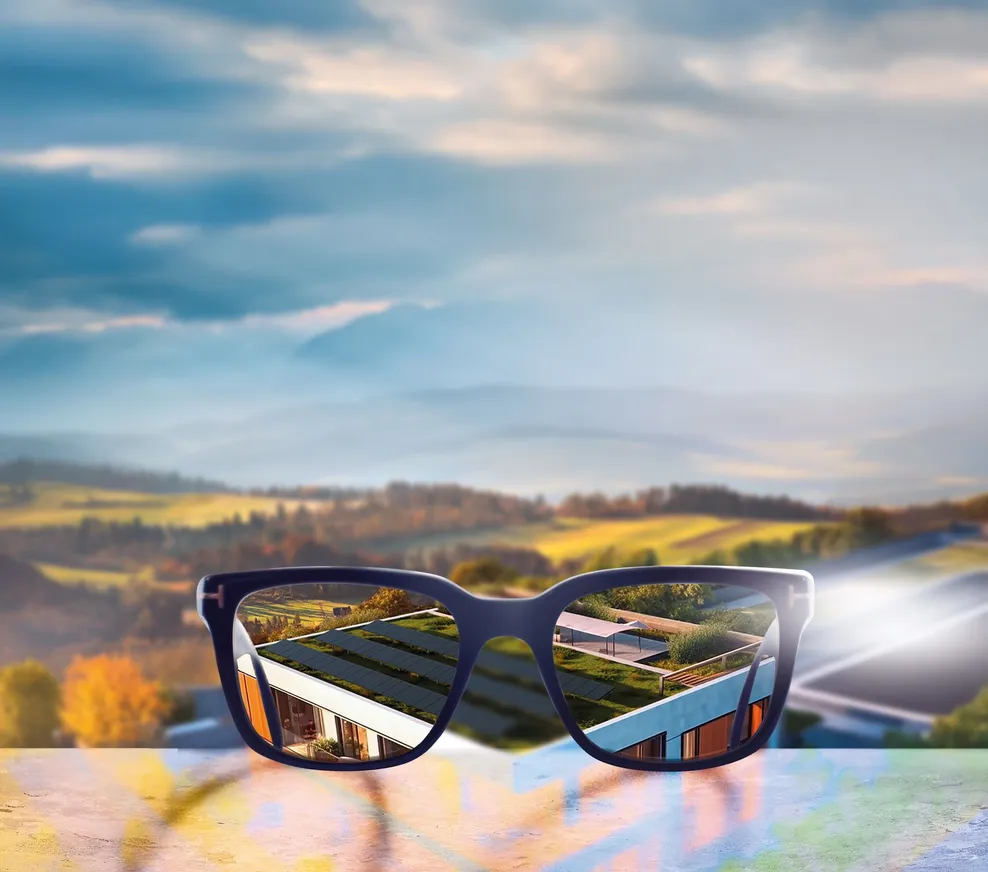 Brille auf einem Flachdach, die eine Vergrößerung der Frankfurter Stadt zeigt