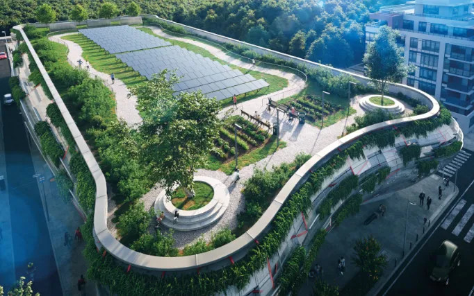 Flachdach eines größeren Gebäudes mit intensiver Begrünung und Solaranlagen auf der Dachfläche.